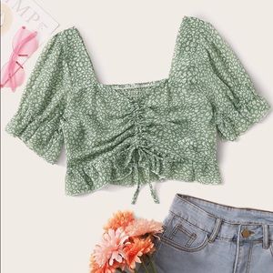 All Over Print Drawstring Crop Blouse